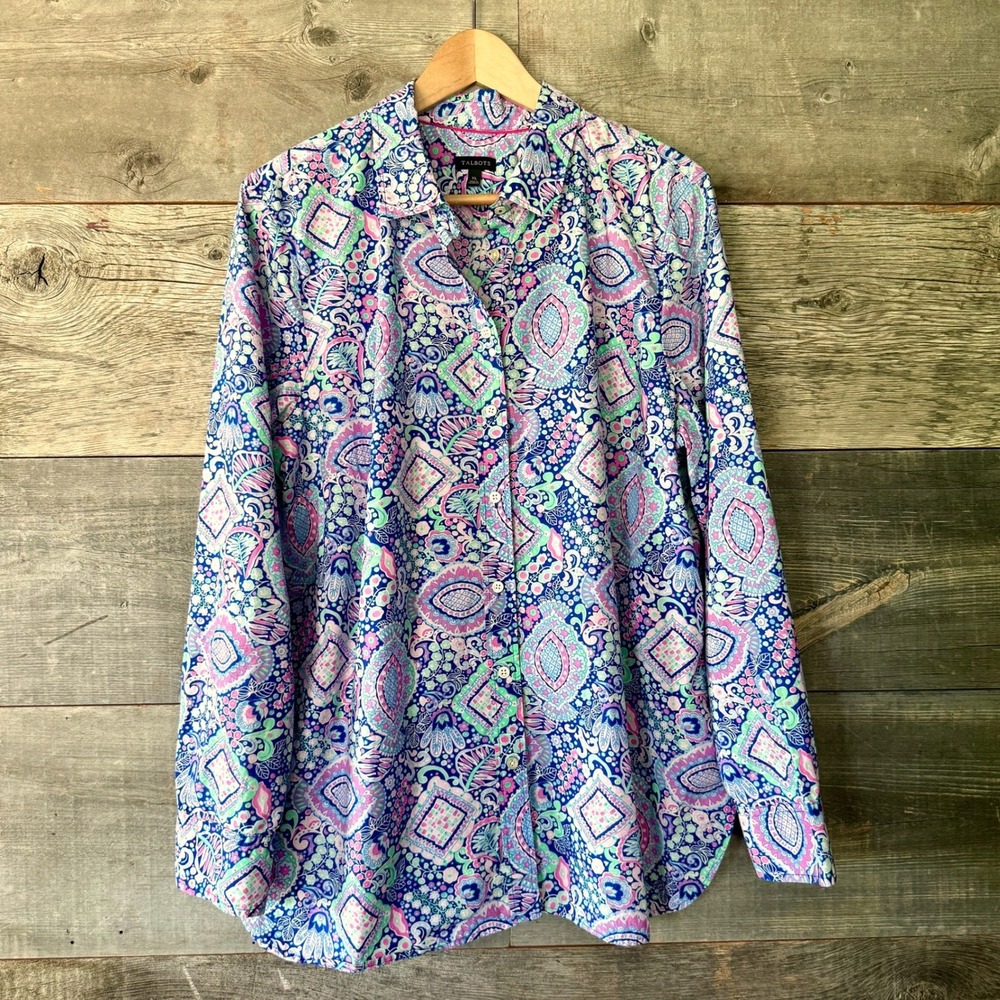 Talbots Paisley Medallion Button Up Long Sleeve Cotton Shirt XL Blue Pink Preppy
